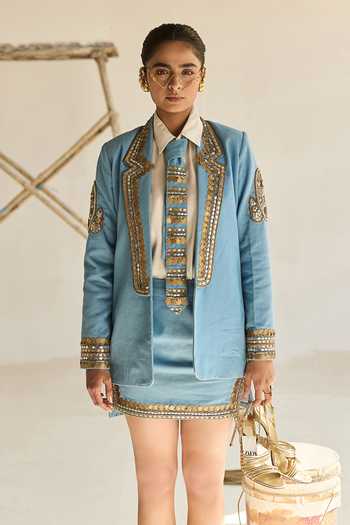 Shop_ASHNA VASWANI_Blue Satin, Denim, Kota Doria Collared Neck Coin Dabka Embellished Skirt Set 