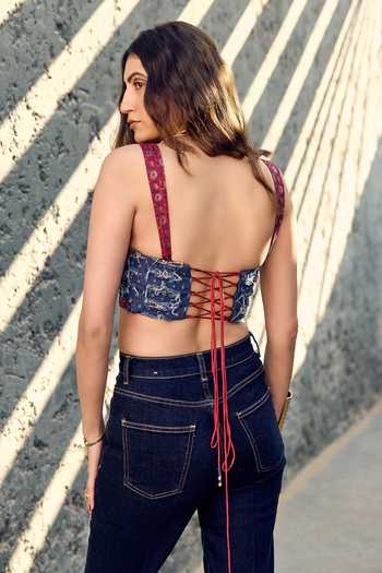 Buy_ASHNA VASWANI_Blue Satin, Denim V-neck Embellished Coin And Mirror Waistcoat _Online_at_Aza_Fashions