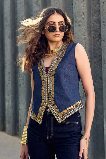Shop_ASHNA VASWANI_Blue Satin, Denim V-neck Embellished Coin And Mirror Waistcoat _Online_at_Aza_Fashions