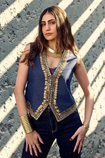 ASHNA VASWANI_Blue Satin, Denim V-neck Embellished Coin And Mirror Waistcoat _at_Aza_Fashions