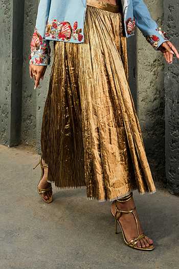 Buy_ASHNA VASWANI_Blue Denim, Silk, Jacquard Sweetheart Neck Handwork Blazer And Skirt Set _Online_at_Aza_Fashions