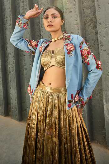 Shop_ASHNA VASWANI_Blue Denim, Silk, Jacquard Sweetheart Neck Handwork Blazer And Skirt Set _Online_at_Aza_Fashions