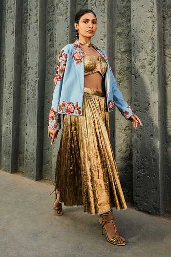 Shop_ASHNA VASWANI_Blue Denim, Silk, Jacquard Sweetheart Neck Handwork Blazer And Skirt Set _at_Aza_Fashions