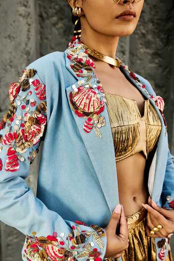 ASHNA VASWANI_Blue Denim, Silk, Jacquard Sweetheart Neck Handwork Blazer And Skirt Set _at_Aza_Fashions