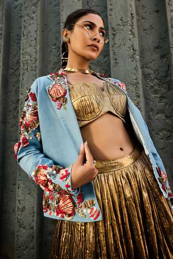 Buy_ASHNA VASWANI_Blue Denim, Silk, Jacquard Sweetheart Neck Handwork Blazer And Skirt Set 