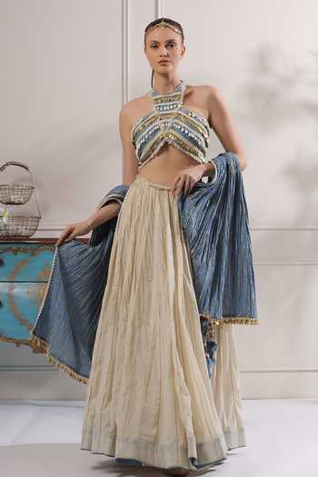 ASHNA VASWANI_Blue Denim, Cotton Halter Neck Crop Top And Mal Lehenga Set _Online_at_Aza_Fashions