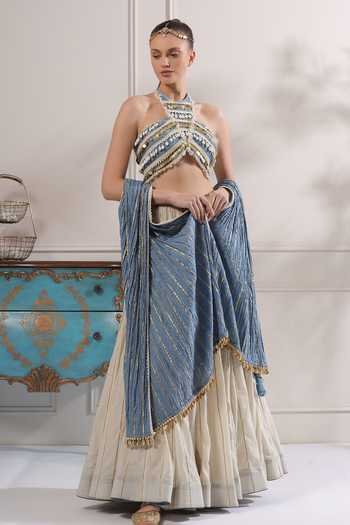 Buy_ASHNA VASWANI_Blue Denim, Cotton Halter Neck Crop Top And Mal Lehenga Set _Online_at_Aza_Fashions