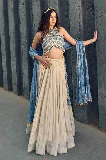 Shop_ASHNA VASWANI_Blue Denim, Cotton Halter Neck Crop Top And Mal Lehenga Set _Online_at_Aza_Fashions