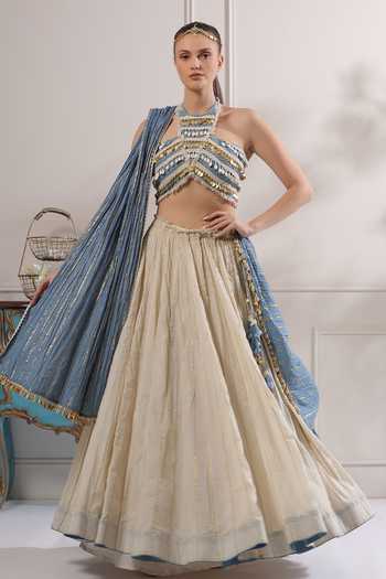 ASHNA VASWANI_Blue Denim, Cotton Halter Neck Crop Top And Mal Lehenga Set _at_Aza_Fashions