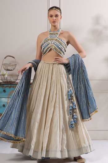 Buy_ASHNA VASWANI_Blue Denim, Cotton Halter Neck Crop Top And Mal Lehenga Set _at_Aza_Fashions