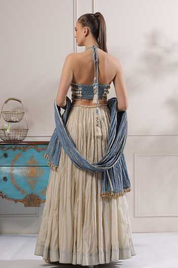 Shop_ASHNA VASWANI_Blue Denim, Cotton Halter Neck Crop Top And Mal Lehenga Set _at_Aza_Fashions