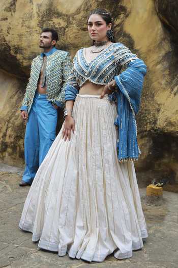 Buy_ASHNA VASWANI_Blue Denim, Cotton Halter Neck Crop Top And Mal Lehenga Set 