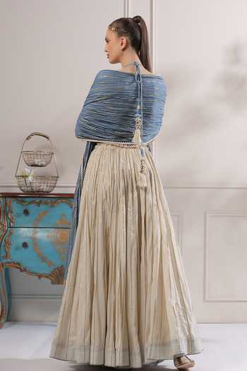 ASHNA VASWANI_Blue Denim, Cotton Halter Neck Crop Top And Mal Lehenga Set _Online