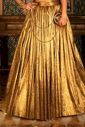 Buy_ASHNA VASWANI_Gold Silk, Jacquard V-neck Crush Waistcoat And Lehenga Set _Online_at_Aza_Fashions
