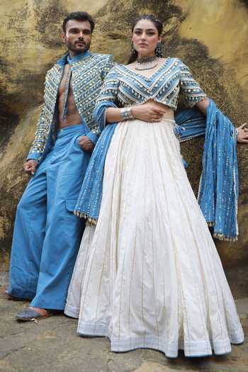 Buy_ASHNA VASWANI_Ivory Cotton, Satin, Denim Lace Coin Mul And Lehenga Set _Online_at_Aza_Fashions
