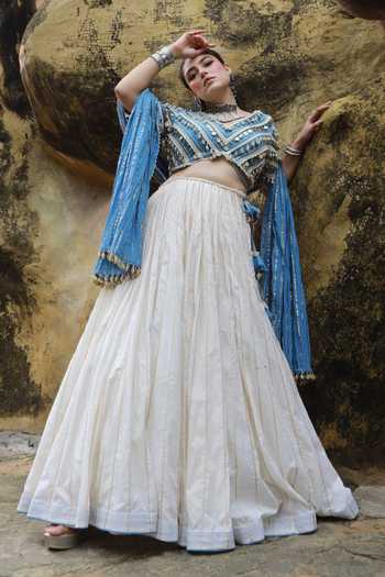 Shop_ASHNA VASWANI_Ivory Cotton, Satin, Denim Lace Coin Mul And Lehenga Set _Online_at_Aza_Fashions
