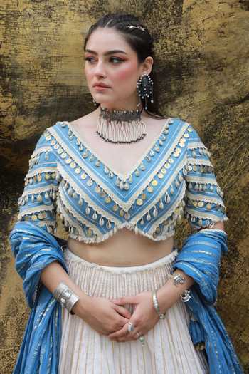 ASHNA VASWANI_Ivory Cotton, Satin, Denim Lace Coin Mul And Lehenga Set _at_Aza_Fashions