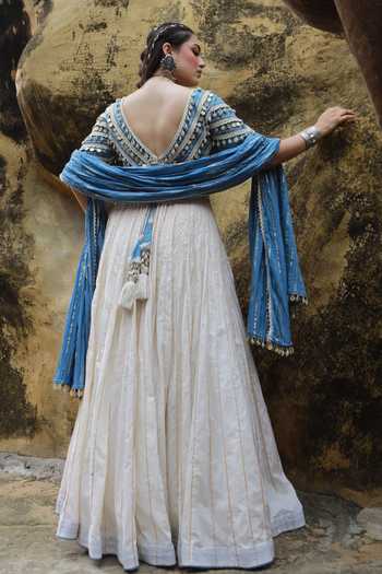 Shop_ASHNA VASWANI_Ivory Cotton, Satin, Denim Lace Coin Mul And Lehenga Set _at_Aza_Fashions