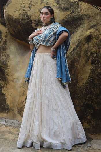 Buy_ASHNA VASWANI_Ivory Cotton, Satin, Denim Lace Coin Mul And Lehenga Set 