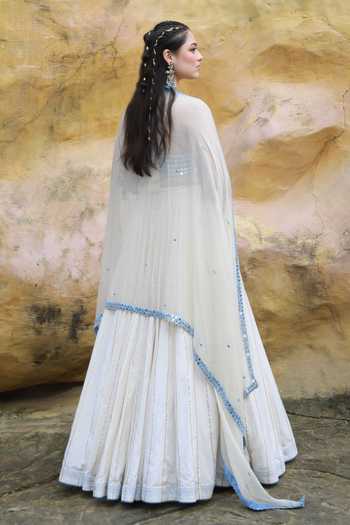 ASHNA VASWANI_Ivory Cotton, Denim Halter Neck Striped Lehenga Set _Online_at_Aza_Fashions