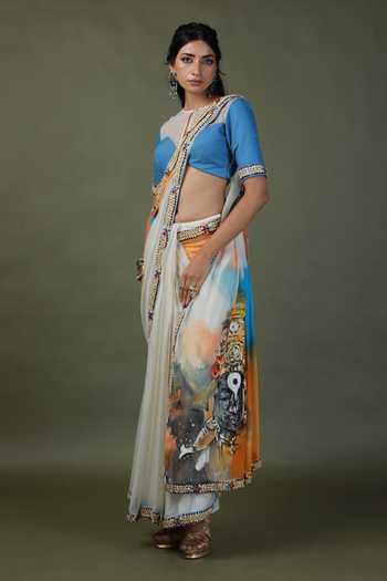 Buy_ASHNA VASWANI_Blue Cotton, Denim, Kota Doria Round Neck Hand Painted And Sequin Work Saree Set _Online_at_Aza_Fashions