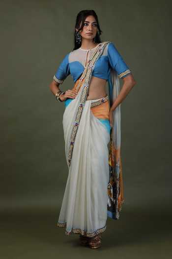 Shop_ASHNA VASWANI_Blue Cotton, Denim, Kota Doria Round Neck Hand Painted And Sequin Work Saree Set _Online_at_Aza_Fashions