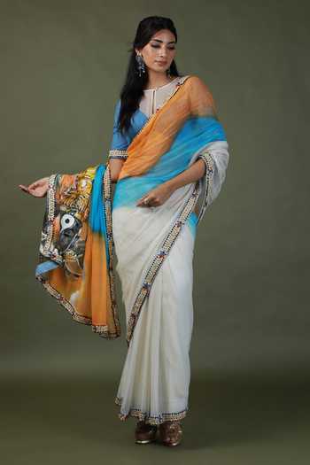 ASHNA VASWANI_Blue Cotton, Denim, Kota Doria Round Neck Hand Painted And Sequin Work Saree Set _at_Aza_Fashions