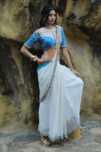 ASHNA VASWANI_Blue Cotton, Denim, Kota Doria Round Neck Hand Painted And Sequin Work Saree Set _Online_at_Aza_Fashions