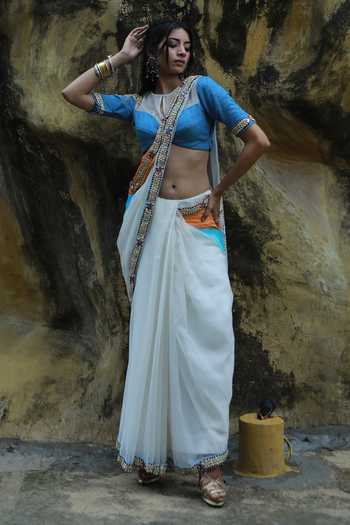 Buy_ASHNA VASWANI_Blue Cotton, Denim, Kota Doria Round Neck Hand Painted And Sequin Work Saree Set _at_Aza_Fashions
