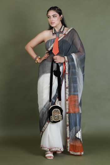 Shop_ASHNA VASWANI_Ivory Cotton, Kota Doria, Shantoon V-neck Colorblock Saree And Blouse Set 