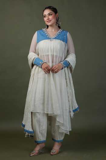 Shop_ASHNA VASWANI_Ivory Cotton, Denim, Kota Doria Round Neck, Yes And Kurta Set _at_Aza_Fashions