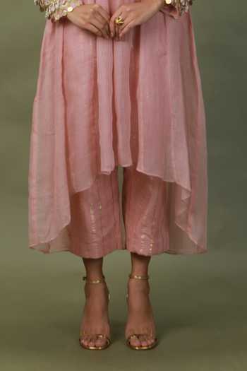 ASHNA VASWANI_Pink Kota Doria, Cotton Square Neck Coin Lace Work Jacket Set _Online_at_Aza_Fashions