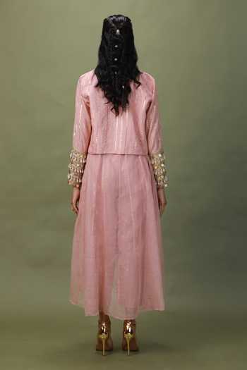 Shop_ASHNA VASWANI_Pink Kota Doria, Cotton Square Neck Coin Lace Work Jacket Set _at_Aza_Fashions