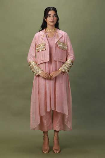 Buy_ASHNA VASWANI_Pink Kota Doria, Cotton Square Neck Coin Lace Work Jacket Set _at_Aza_Fashions
