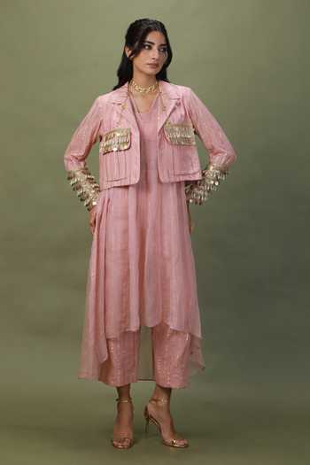 Shop_ASHNA VASWANI_Pink Kota Doria, Cotton Square Neck Coin Lace Work Jacket Set _Online_at_Aza_Fashions