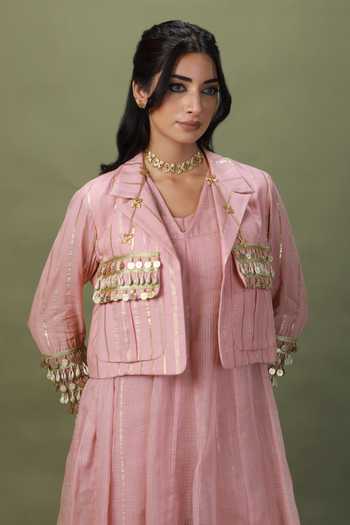 ASHNA VASWANI_Pink Kota Doria, Cotton Square Neck Coin Lace Work Jacket Set _at_Aza_Fashions