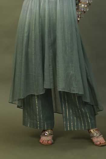 ASHNA VASWANI_Green Cotton, Kota Doria Collared Neck Cropped Jacket And Striped Pant Set _Online_at_Aza_Fashions