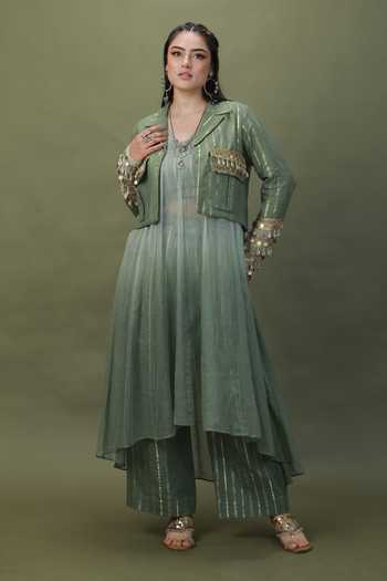 Buy_ASHNA VASWANI_Green Cotton, Kota Doria Collared Neck Cropped Jacket And Striped Pant Set _at_Aza_Fashions
