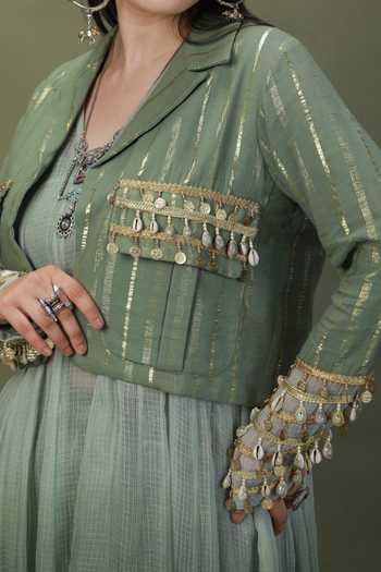 Buy_ASHNA VASWANI_Green Cotton, Kota Doria Collared Neck Cropped Jacket And Striped Pant Set 