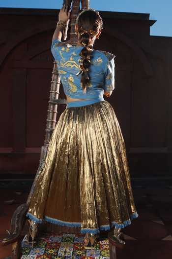 Shop_ASHNA VASWANI_Blue Silk, Satin, Jacquard, Denim Crushed Skirt Set _at_Aza_Fashions