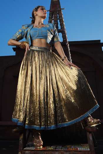 ASHNA VASWANI_Blue Silk, Satin, Jacquard, Denim Crushed Skirt Set _Online_at_Aza_Fashions