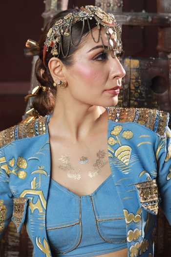 Shop_ASHNA VASWANI_Blue Silk, Satin, Jacquard, Denim Crushed Skirt Set 