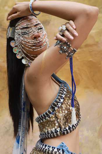 ASHNA VASWANI_Gold Silk, Satin, Jacquard, Denim, Kota Doria Hand Painted Lehenga And Bustier Set _Online_at_Aza_Fashions