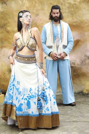 Shop_ASHNA VASWANI_Gold Silk, Satin, Jacquard, Denim, Kota Doria Hand Painted Lehenga And Bustier Set _at_Aza_Fashions