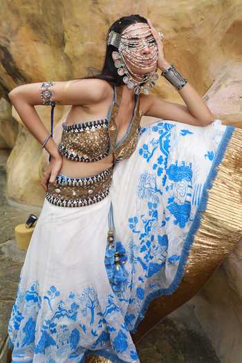 Buy_ASHNA VASWANI_Gold Silk, Satin, Jacquard, Denim, Kota Doria Hand Painted Lehenga And Bustier Set _Online_at_Aza_Fashions