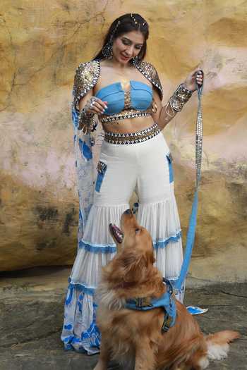 Shop_ASHNA VASWANI_Blue Silk, Jacquard, Denim, Kota Doria Sweetheart Neck, Shawl Sharara And Cape Set _Online_at_Aza_Fashions