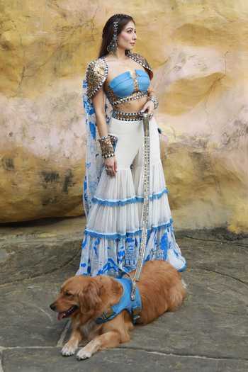 ASHNA VASWANI_Blue Silk, Jacquard, Denim, Kota Doria Sweetheart Neck, Shawl Sharara And Cape Set _at_Aza_Fashions