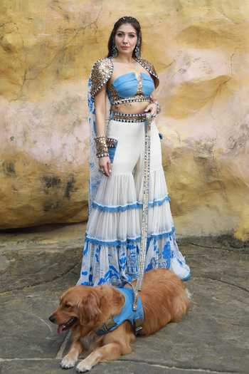 Buy_ASHNA VASWANI_Blue Silk, Jacquard, Denim, Kota Doria Sweetheart Neck, Shawl Sharara And Cape Set 