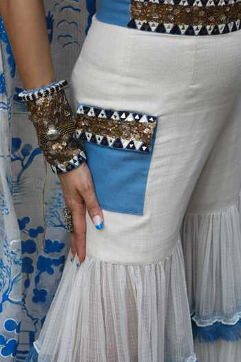 ASHNA VASWANI_Blue Silk, Jacquard, Denim, Kota Doria Sweetheart Neck, Shawl Sharara And Cape Set _Online