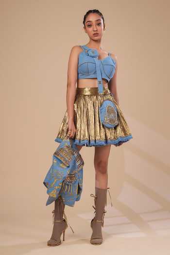 ASHNA VASWANI_Blue Denim, Silk, Jacquard Open , Sweetheart Hand Painted Jacket Set _at_Aza_Fashions